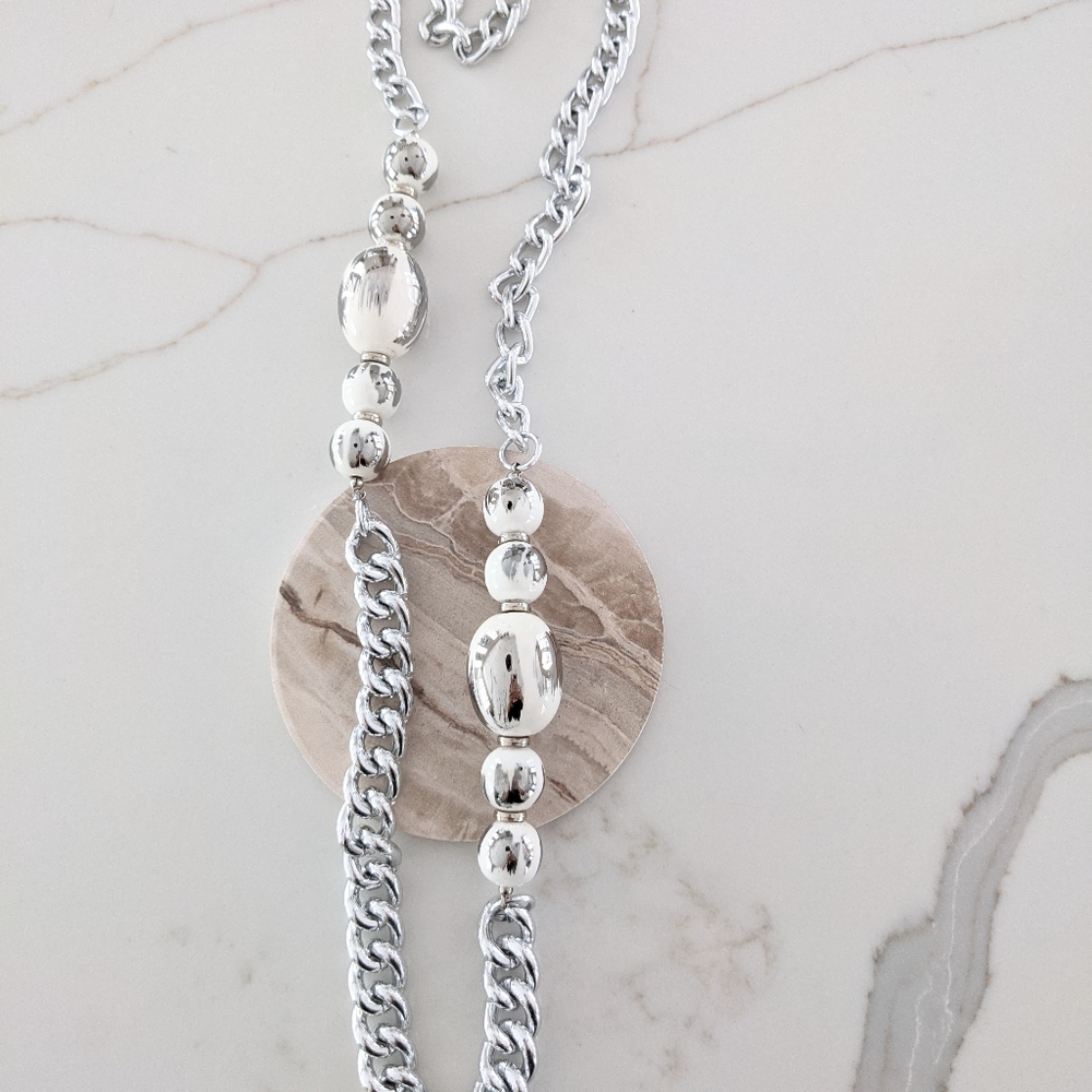 36" silver and white necklace modern style ceramic beads